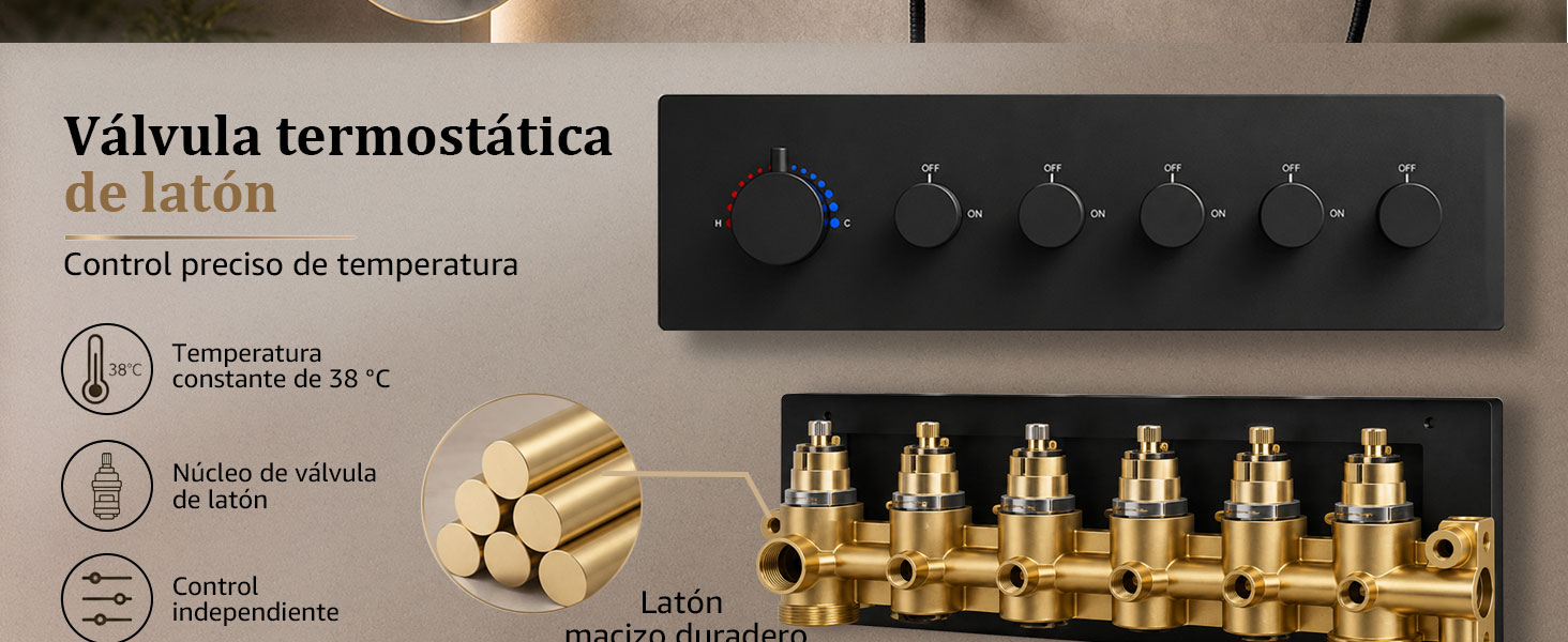 El texto dice «Válvula termostática de latín» y «Control preciso de temperatura» con iconos de especificaciones. La imagen muestra una válvula termostática de latón con dial de control de temperatura, acompañada de seis racores de latón dorado dispuestos en fila.