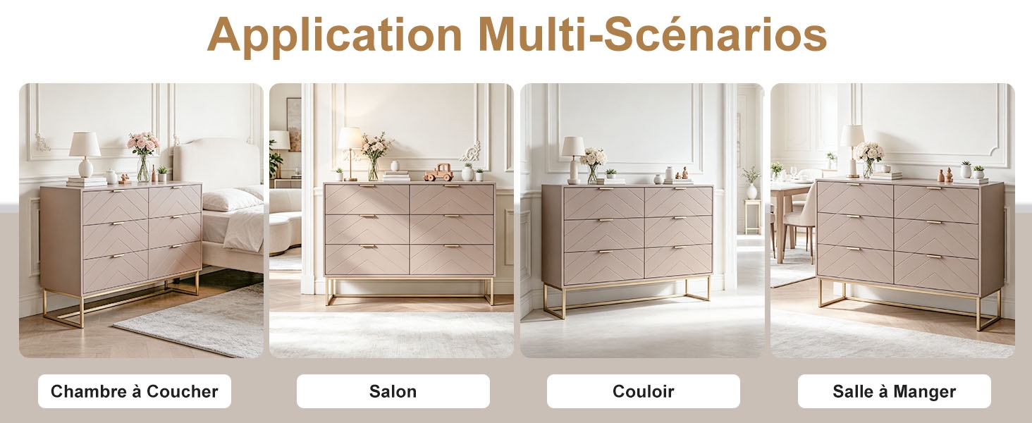 Le texte indique « Application Multi-Scenarios » avec quatre meubles en finition bois étiquetés « Chambre À Coucher Salon Couloir Salle À Manger ». Scénarios d'affichage des meubles de chambre à coucher, de salon, de couloir et de salle à manger.