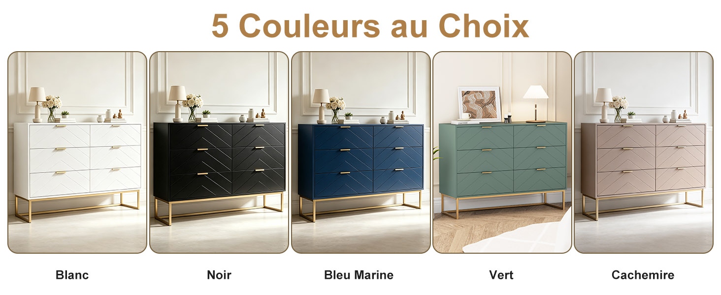 Le texte se lit comme suit : « 5 couleurs au choix », « Blanc », « Noir », « Bleu marine », « Vert », « Cactusblue ». Cinq meubles présentés dans différentes couleurs : variantes blanc, noir, bleu marine, vert et bleu cactus.