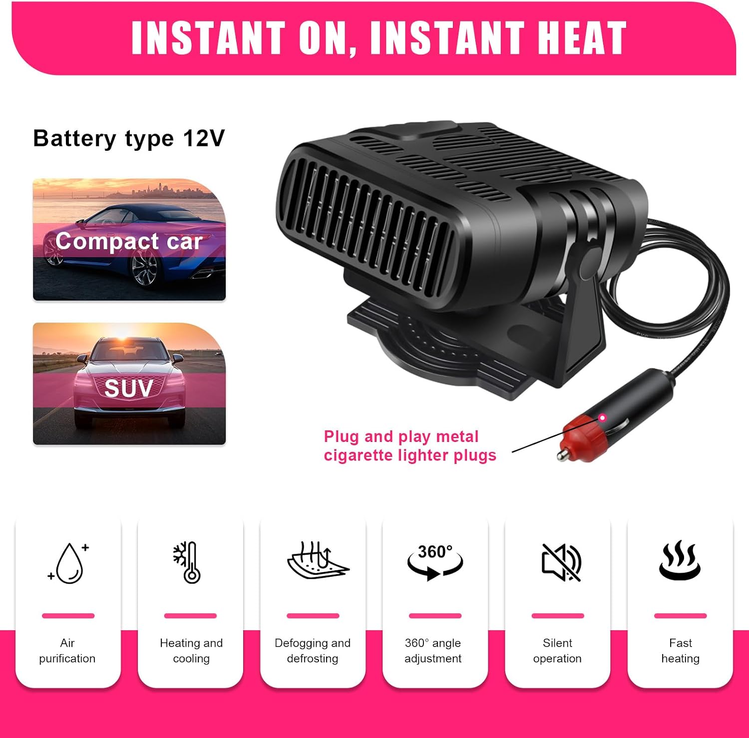 Chauffage De Voiture Portable 12V 150W - Avec Prise Allume-cigare, Base Rotative - Désembueur Et Dégivreur Rapide - 5