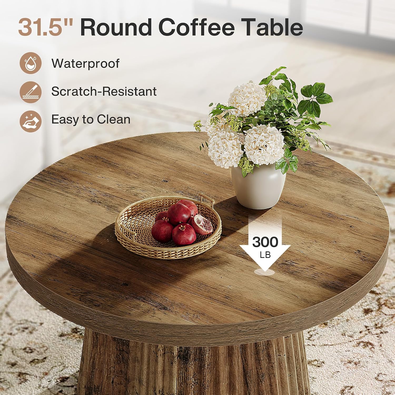 Fluted Drum Coffee Table in Rustic Brown - Side View