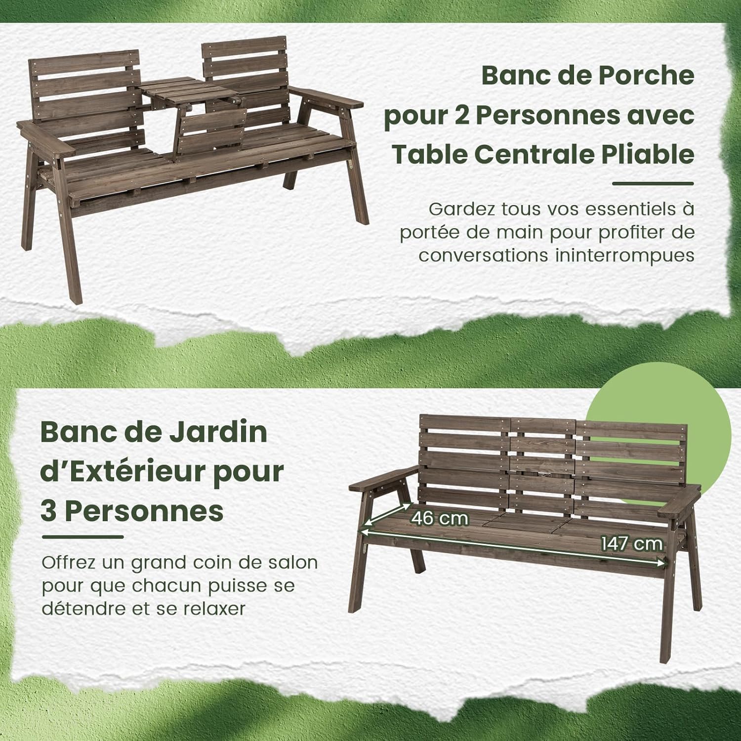 COSTWAY Banc De Jardin En Bois Massif De Sapin, Banc De Terrasse à 2 Places Avec Assise à Latte