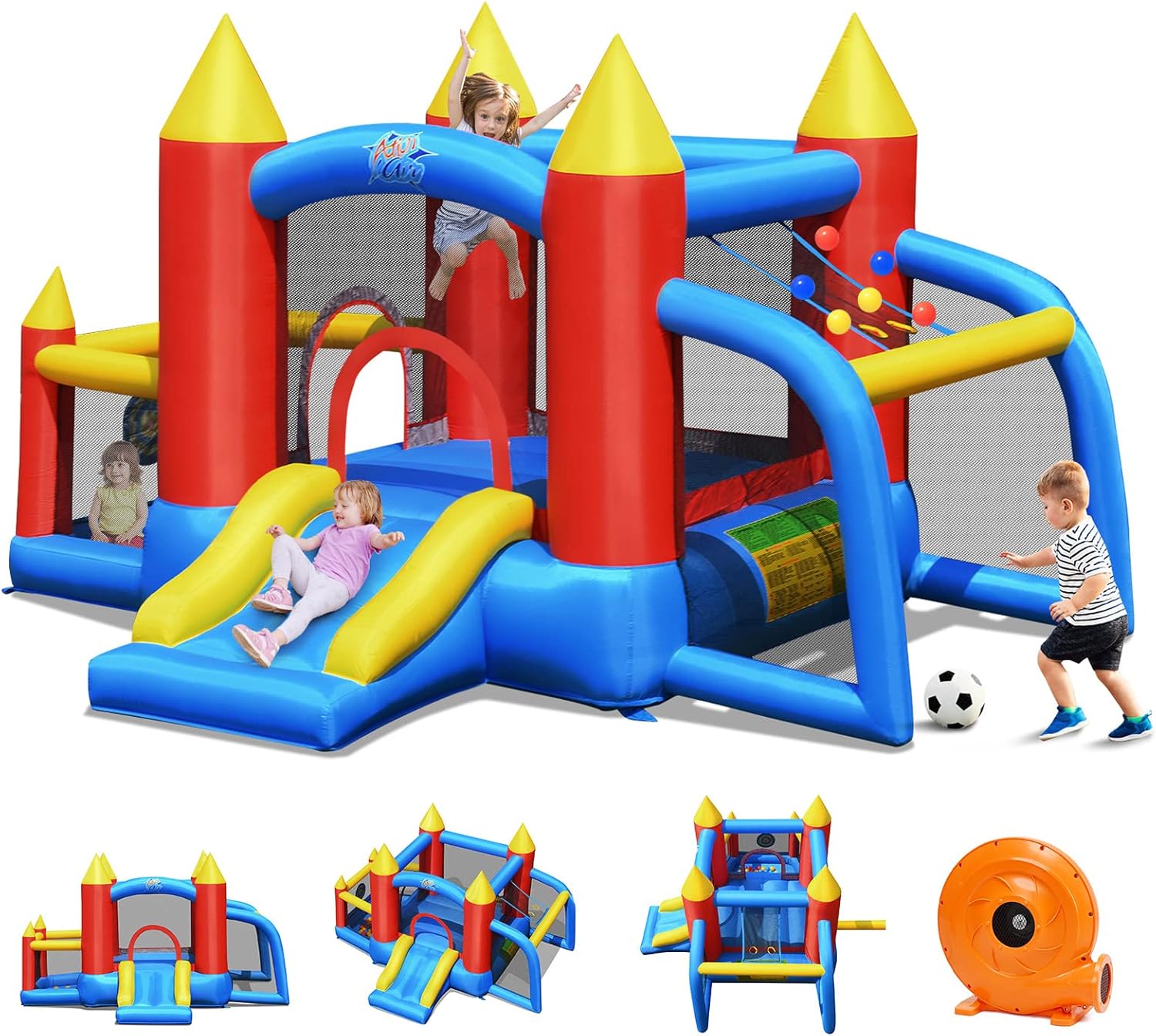 COSTWAY Château Gonflable 6-en-1 356x330x220CM Avec Toboggans Trampoline Panier De Basket Sac De Transport Thème Ferme 3-10 Ans (Sans Souffleur) -Pas Cher Clair Jardin Magasin