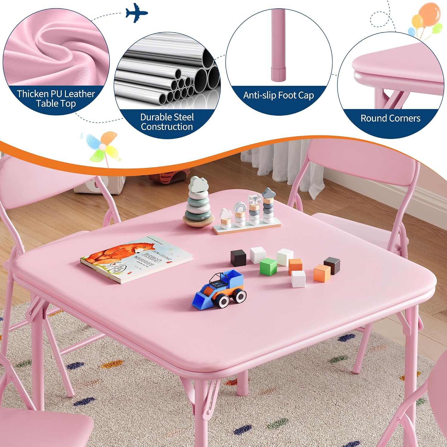 Ensemble table et chaises pliantes pour enfants 5 pièces, coloris rose – vue 2