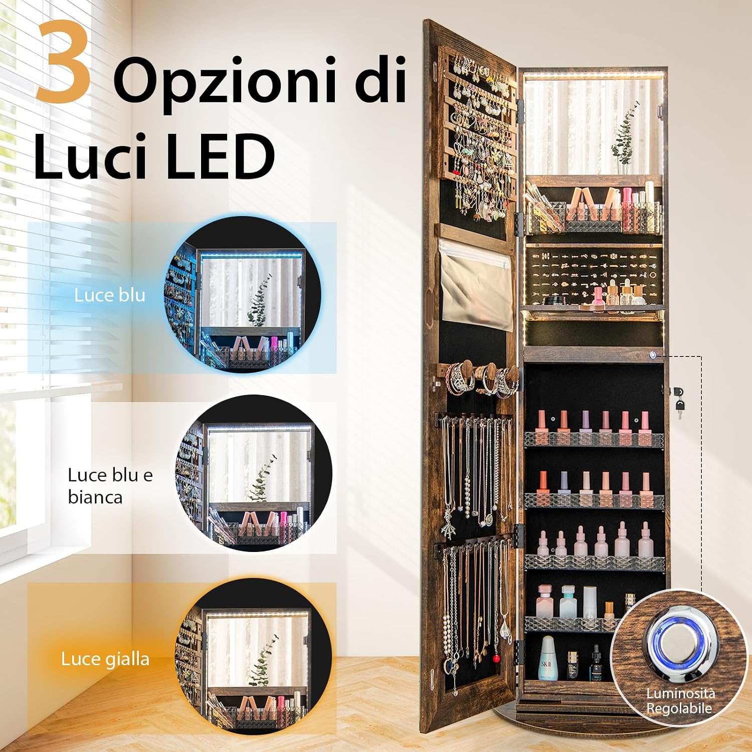Armadietto Portagioie Con Specchio A Figura Intera RELAX4LIFE – Cassetto, Ripiano, Luci LED 3 Colori, Serratura Magnetica, 64 Scomparti, 41x35x166 Cm, Stile Industriale