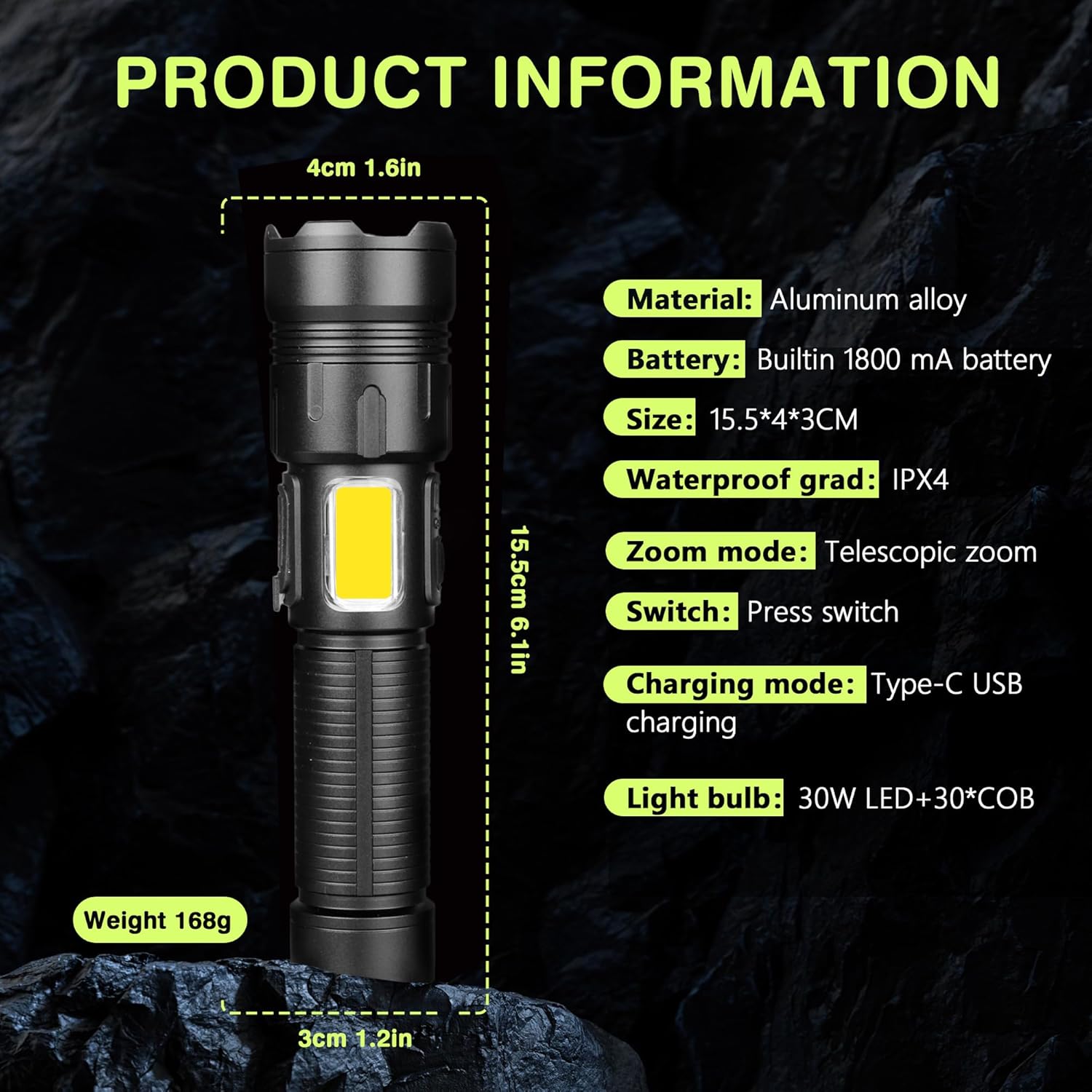 LED Flashlights 1000-1200 Lumens Ultra Bright COB USB Rechargeable ...