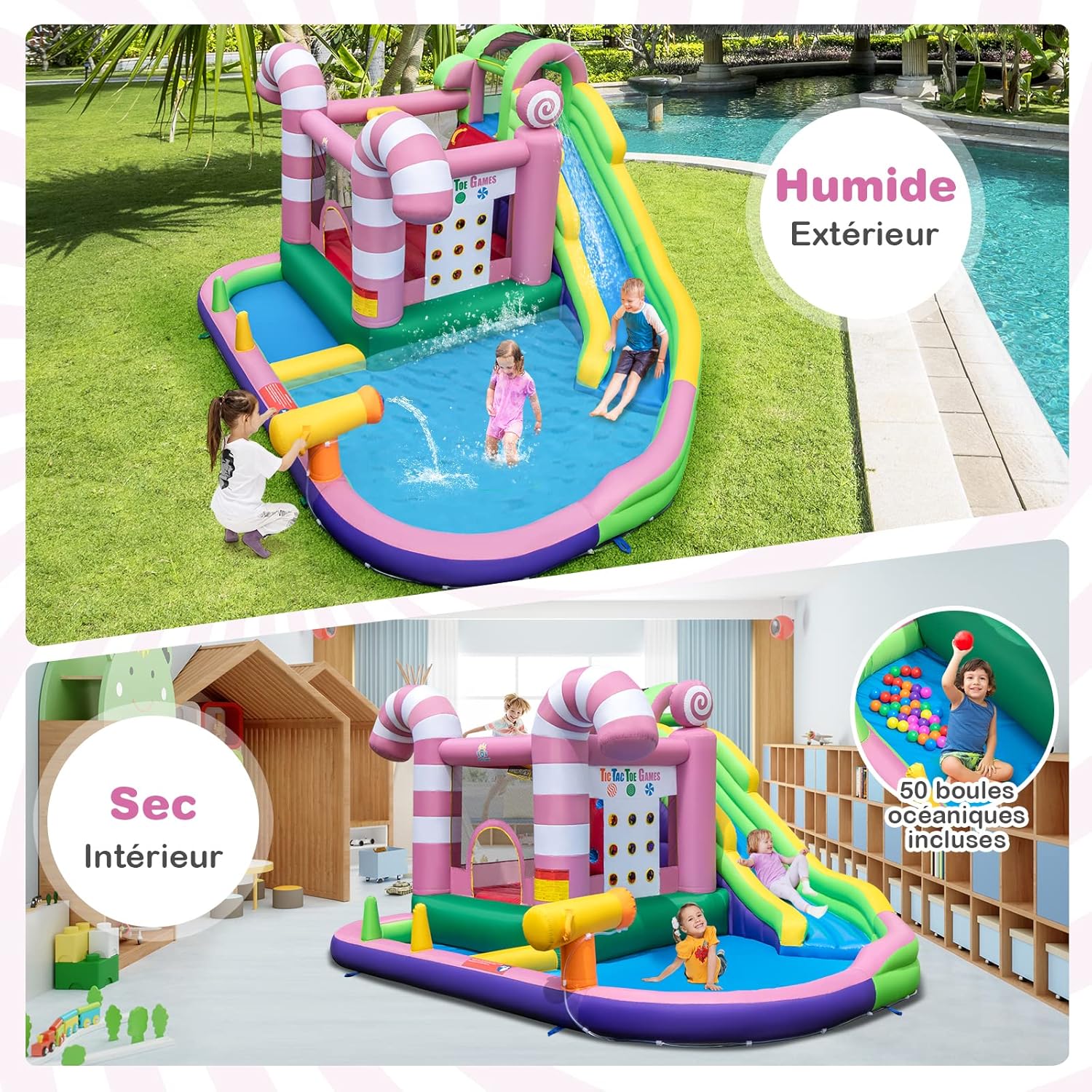 COSTWAY 9 En 1 Château Gonflable En Forme Bonbons Avec Toboggan, Maison De Saut Gonflable Avec Pistolet à Eau, Jeu Tic-Tac-Toe, 50 Boules, Charge 90kg Pour 2 Enfants De 3-10 Ans（avec Souffleur 680W -Pas Cher Clair Jardin Magasin AAHKMJXYDAFdJAOAIMEbOAchlkWZ0oakZn uVZ0mPidMNbILvCvspZ4oG3fPgIqc1P0prO ONI3rf0RHRHvcE2AD957z4Q6OPI4a9KhN4cUh4Q==