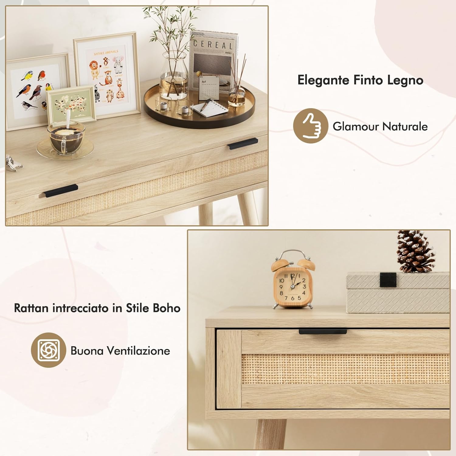 Tavolo consolle in legno bohémien con cassetti in rattan