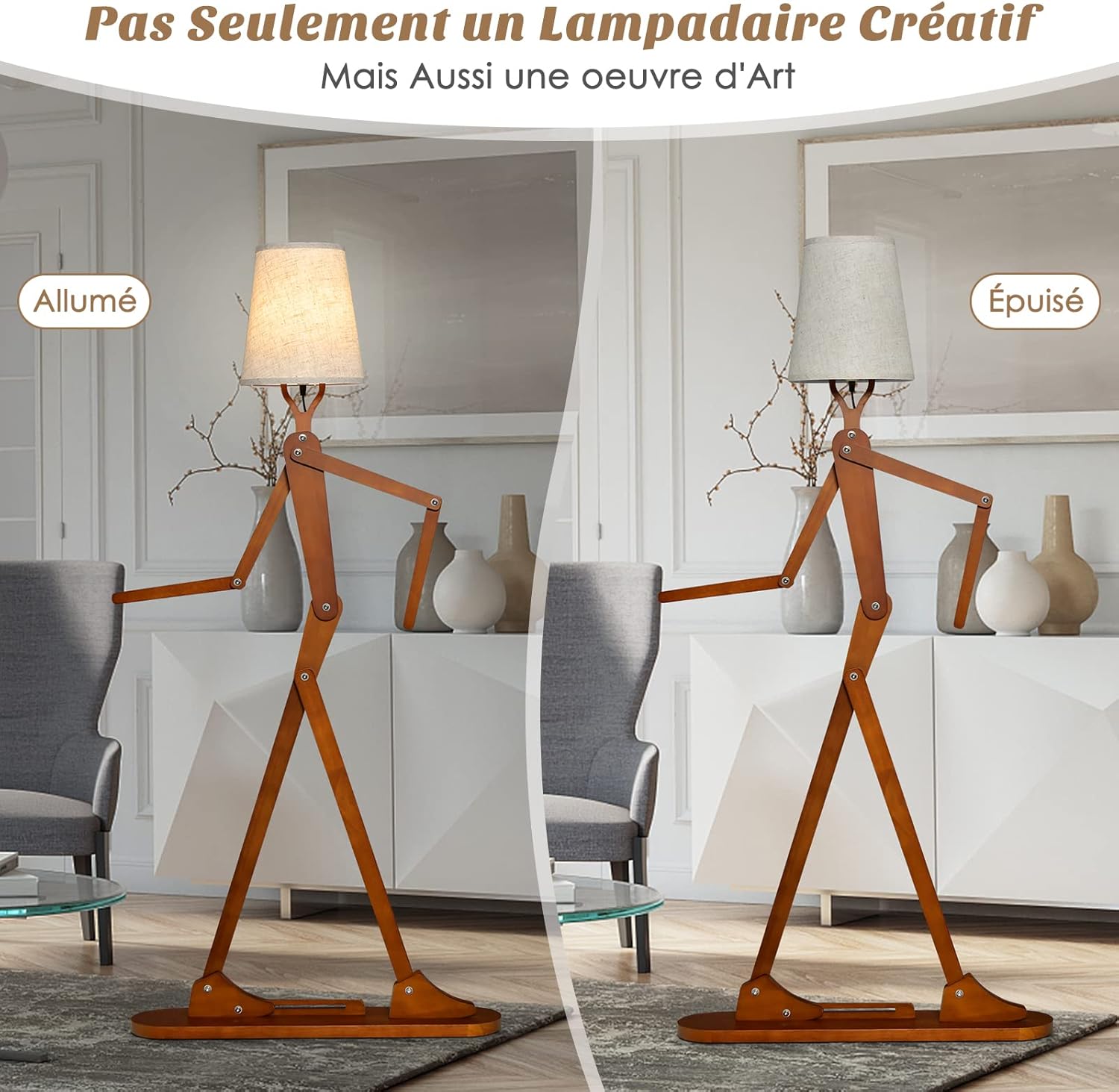COSTWAY Lampadaire Salon Humanoïde En Bois D'Hévéa Lampadaire Sur Pieds Avec Interrupteur à Pied Et Abat-jour Changeable Pour Salon Chambre à Coucher -Éclairage Domestique