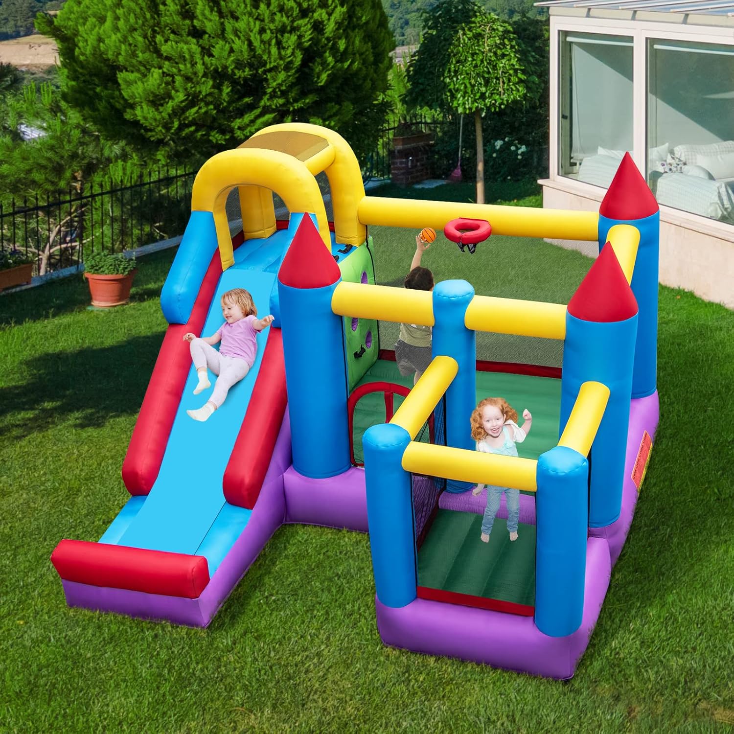COSTWAY Château Gonflable 5 En 1 Avec Toboggan, Maison De Rebond Gonflable Avec Mur D'escalade, Piscine à Balles, Charge 180kg, Intérieur Exterieur Pour 4 Enfants De 3-10 Ans (avec Souffleur 680W) -Pas Cher Clair Jardin Magasin AAHKMJXYDAFdJAOAIMEbOAchlkWZ0oakZn uVZ0mPidMNbILvCvspZ4oG3fPgIqc1P0tibxqqwSbkwWzo8