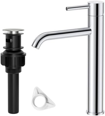 JANLEMNY Tall Basin Taps with Pop Up Waste, Chrome High Rise Bathroom Sink Tap for Countertop Basin, Single Lever Bathroom Tap with Drain, Cloakroom Faucet with Hot & Cold Hoses, SUS304 Stainless Steel