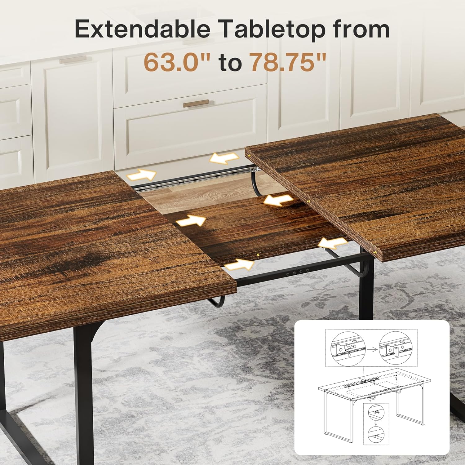 Extendable Dining Table - Rustic Brown Top & Black Frame