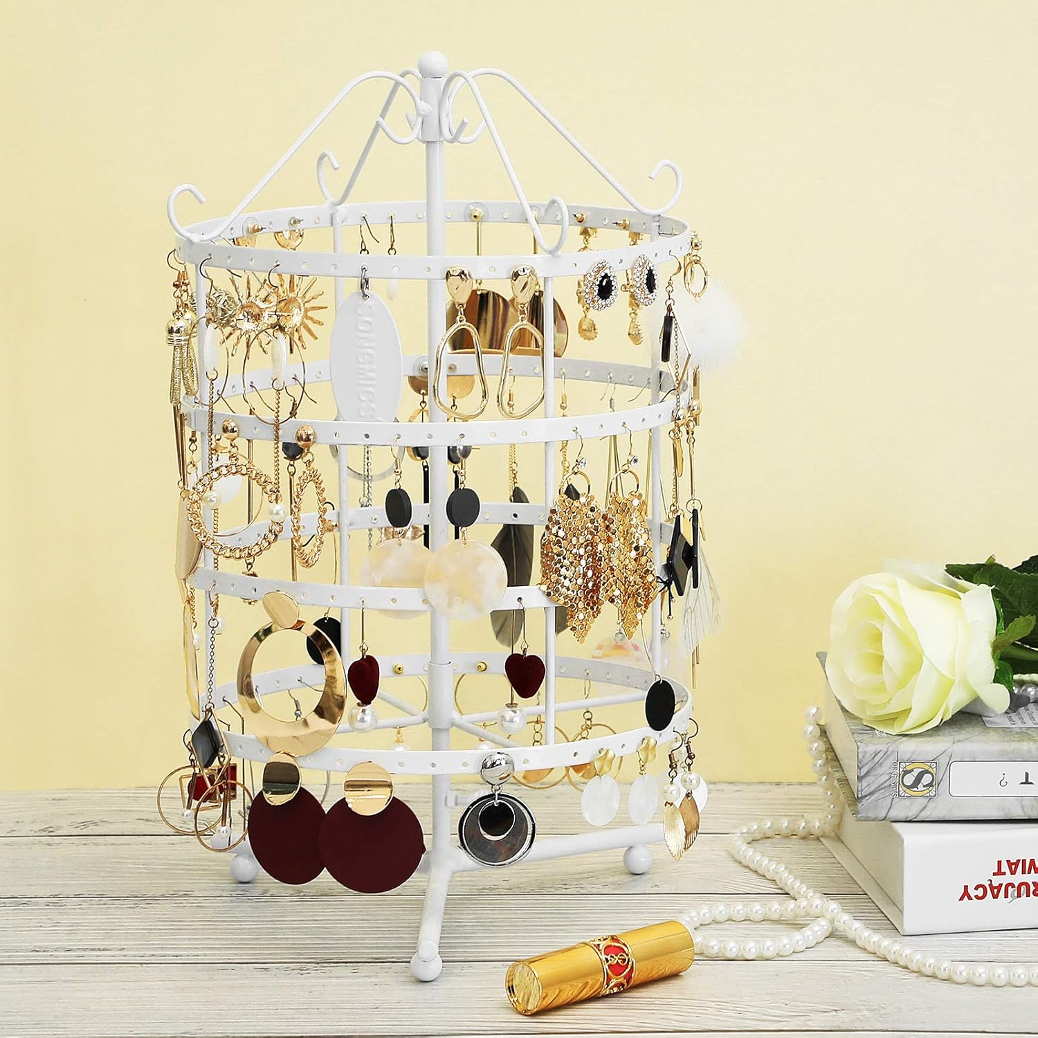 Porte-bijoux En Métal Doré Avec Base Blanche - Hauteur Réglable 37-56,6 Cm - Présentoir Pour Colliers, Bracelets, Boucles D'oreilles