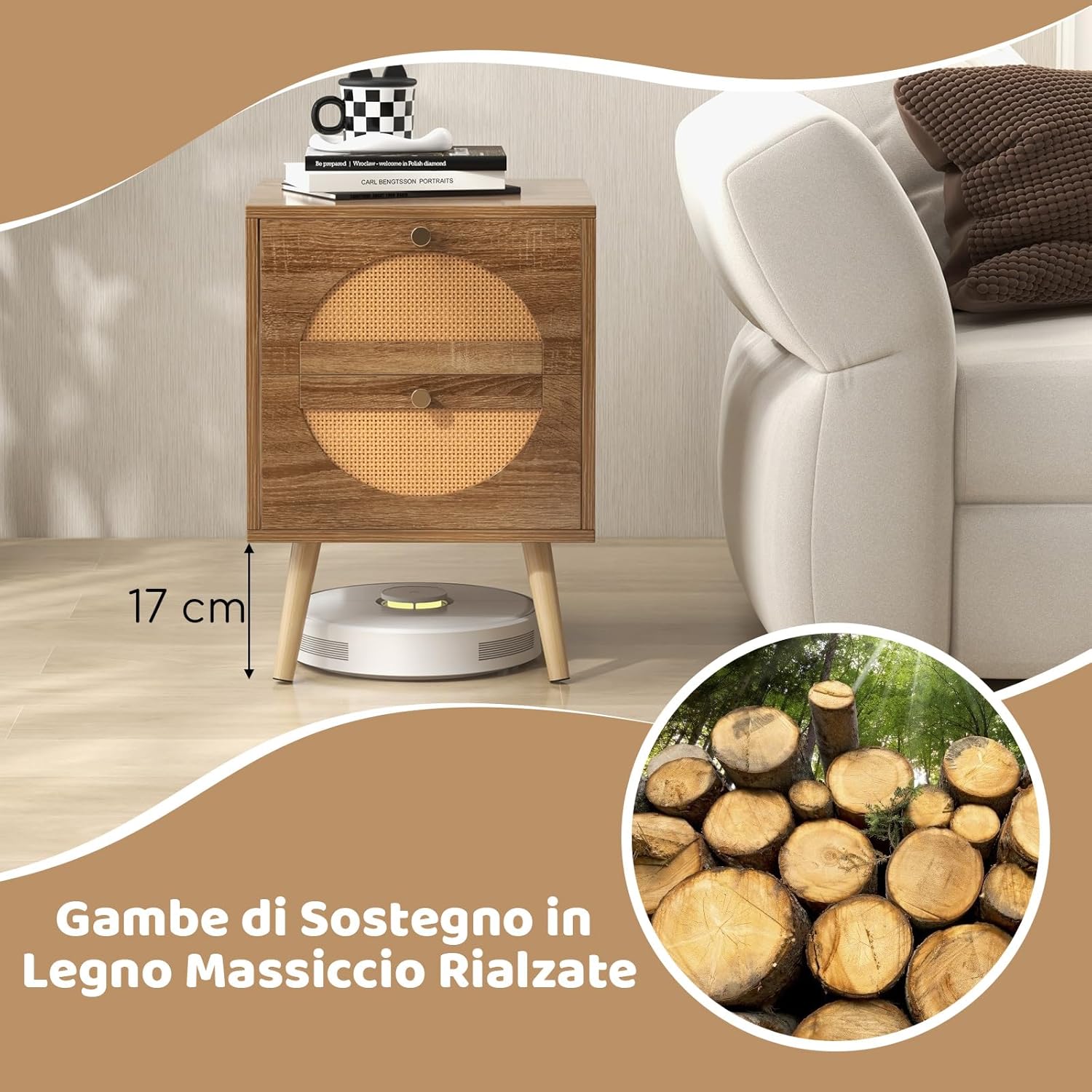 Comodini con cassetto in legno massello chiaro e motivo a intreccio in rattan (set di 2) ATHÈNE