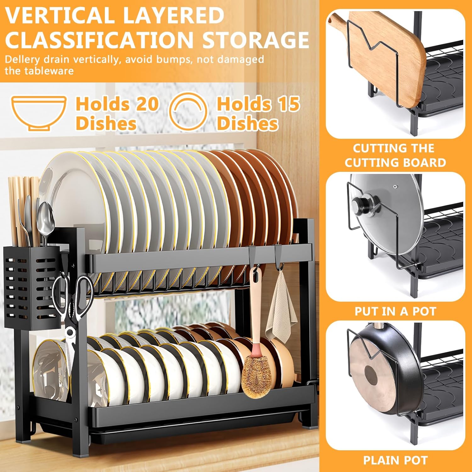Égouttoir à Vaisselle 2 Niveaux En Inox - Grande Capacité Avec Bac Récupération & Repose-Baguettes