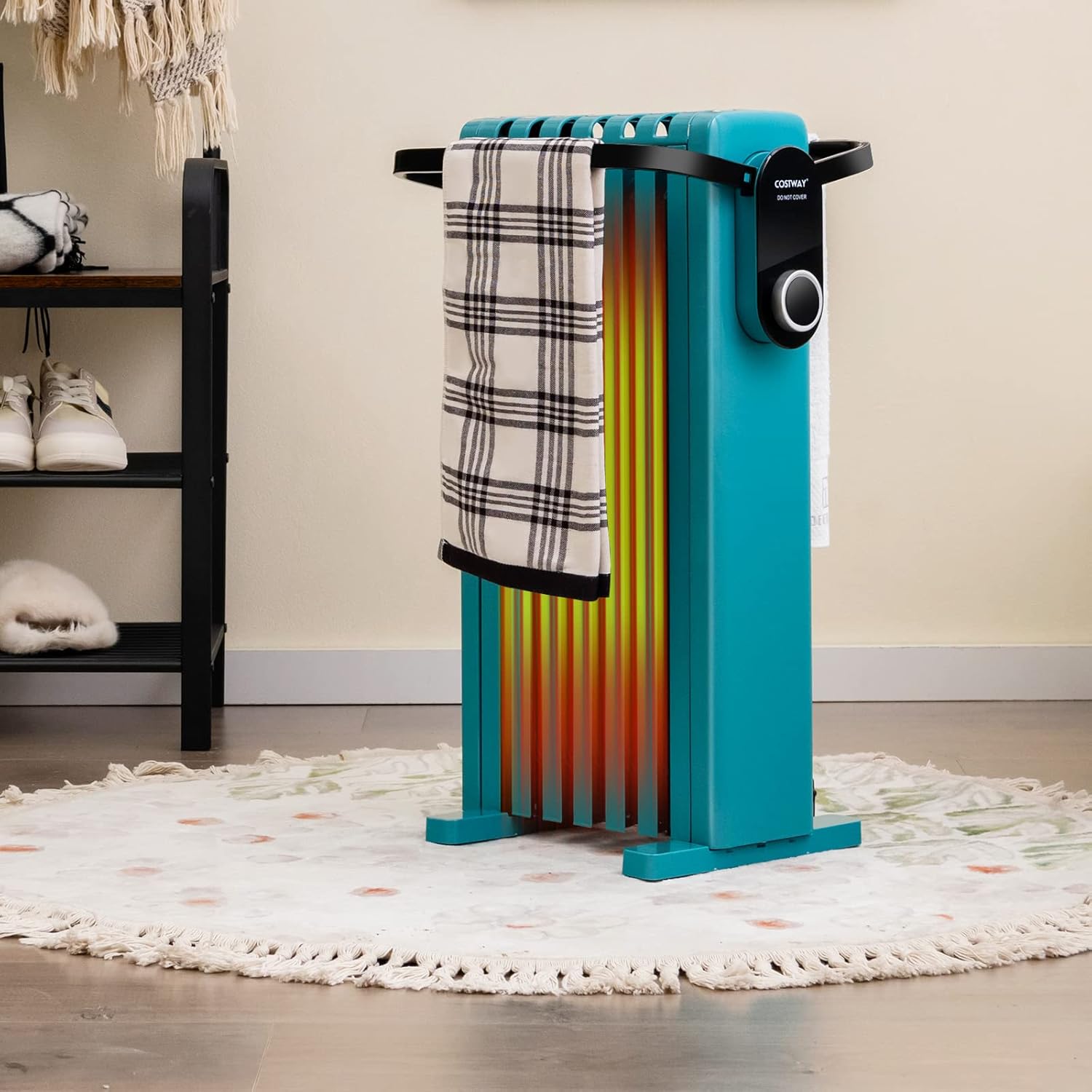 COSTWAY Radiateur Bain D'Huile 1500 W Mobile - 3 Puissance 5-35°C, 7 Eléments, Racks De Serviettes, Protection Contre Surchauffe Et Basculement, Bleu Vert -Chauffage Équipement Magasin