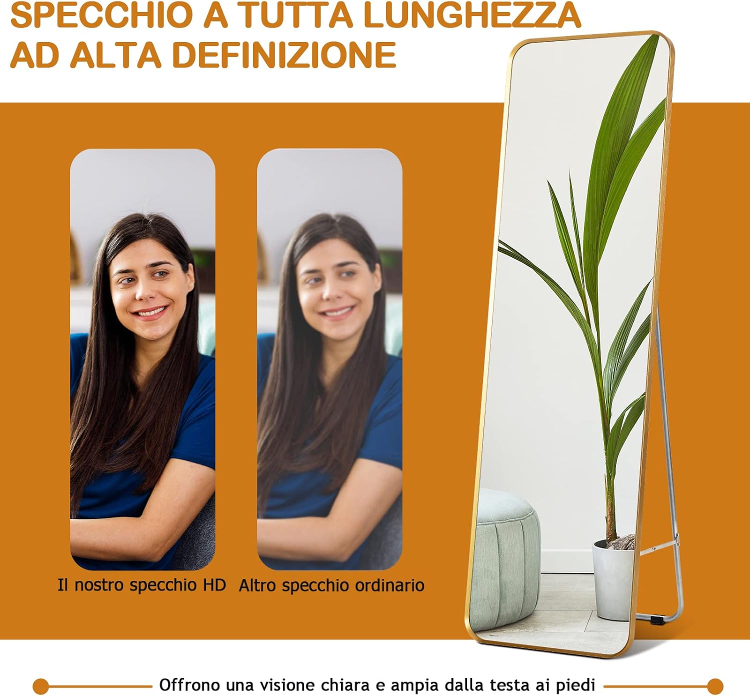 RELAX4LIFE Specchio Da Terra/Parete, Specchio A Figura Intera Con Supporto, Superficie Resistente Ad Alta Definizione, Doppio Montaggio A Parete O A Terra, Stile Moderno Con Cornice Metallica Sottile -Armonia Decor