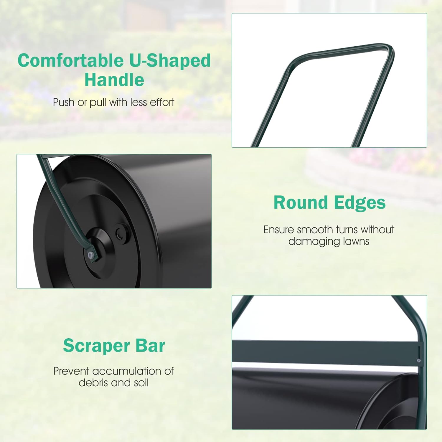 RELAX4LIFE Rullo Da Giardino In Metallo, Barra Del Timone, Serbatoio Fino 60 Litri, Riempito Con Sabbia O Acqua, Apertura Laterale Livellare Prato, Movimento Facile, 50x40x123 Cm, In Acciaio, Nero -Cura Del Prato