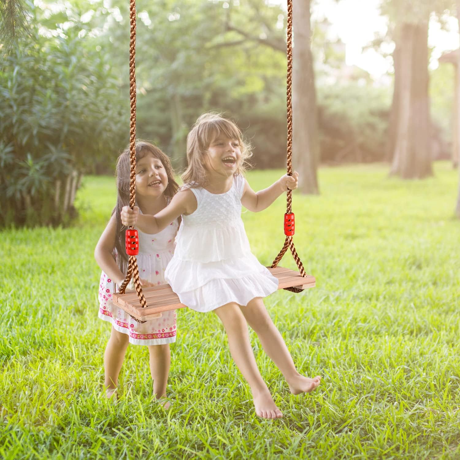 Siège Balançoire En Bois Naturel – Corde Réglable (123-213 Cm) – Charge 300 Kg – Pour Enfant Et Adulte – Jardin, Terrasse, Parc