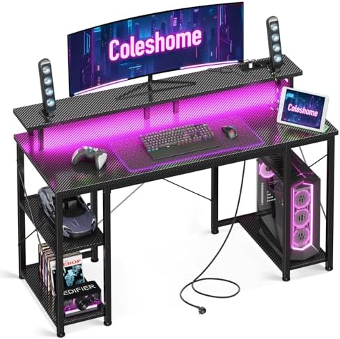 Coleshome Gaming Tisch mit LED-Beleuchtung, 120x50cm Gaming Schreibtisch mit 2 Steckdosen & 2 USB-Anschlüssen, Computertisch mit Monitorständer & Stauraum, Home Office Schreibtisch, Schwarz