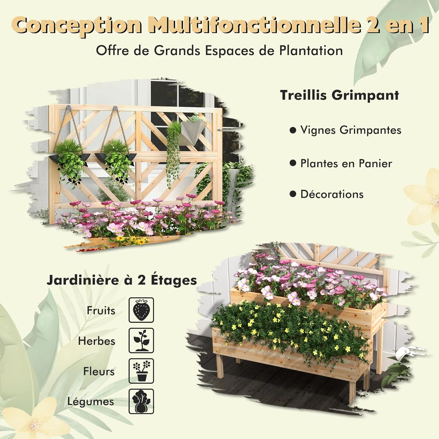 COSTWAY Jardinière 2 Niveaux Avec Treillis En Bois De Sapin Avec Trou De Drainage, Bac à Fleurs Pour Plante Grimpante, Lit De Jardin Résistance Aux Intempéries 109 X 62 X 135 Cm -Outsunny Eda Magasin AAHKMJXYDAFdJAOAIMEbOAchlkWZ0oakZn uVZ0mPidMNbILvCvspZ4oG3fPgIqc1P1