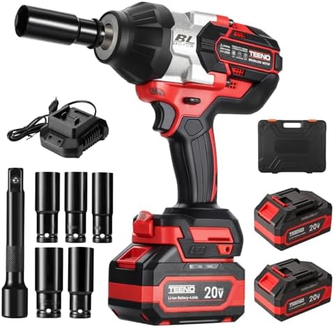 TEENO Visseuses à Chocs cil Brushless 1300Nm Boulonneuse a Choc,1/2" avec Deux Batteries 4,0 Ah,Clé à Chocs Sans Fil avec 5 Douilles(17/19/21/22/24mm) pour Voiture Familiale/Camionnette/Tondeuse