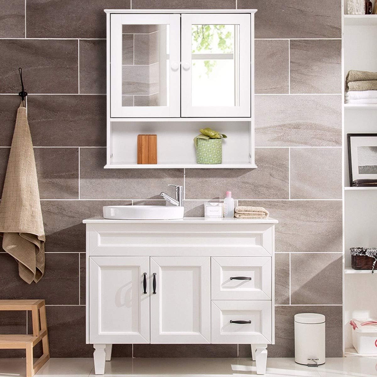 COSTWAY Armoire De Salle De Bain/Meuble De Salle De Bain Mural Avec 2 Portes à Miroir, 3 Etagères Avec Hauteur Ajustable, 56,5 X 13,5 X 58,5 Cm, Blanc -Songmics Soldes Magasin