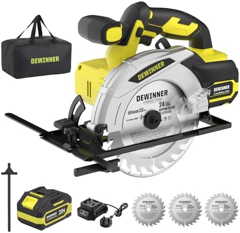DEWINNER Scie Circulaire Sans Fil,Scie Circulaire Pour le Bois 4000RPM,4,0Ah Batterie,Profondeur de Coupe Max: 54mm(90°)-38mm(45°),3 Lame (185mm 24T) +Sac en Toile, Idéal Pour Coupe de Bois