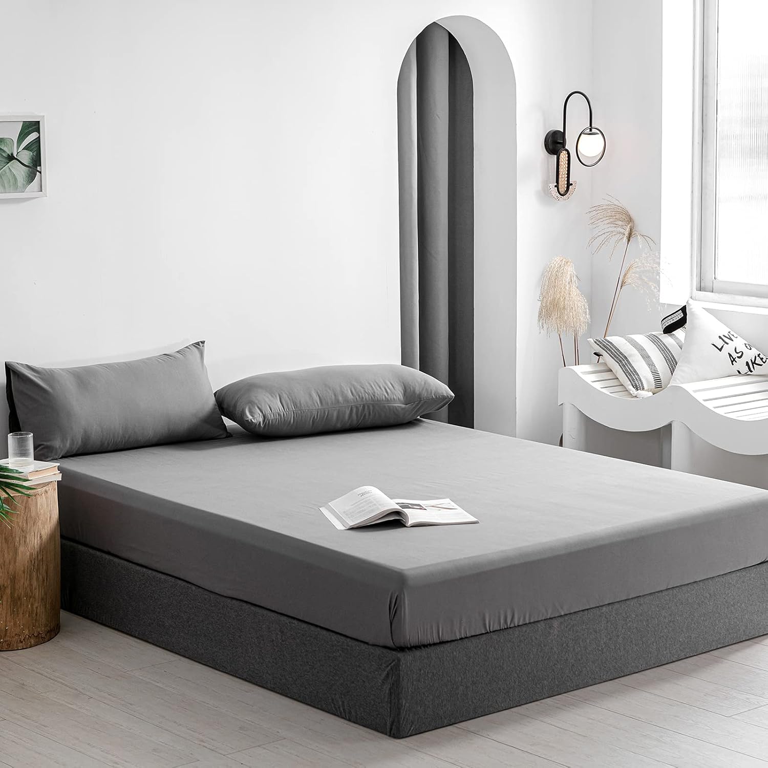 Bedding Drap Housse - Gris, 160 x 200 cm - Coupes de28 cm pour
