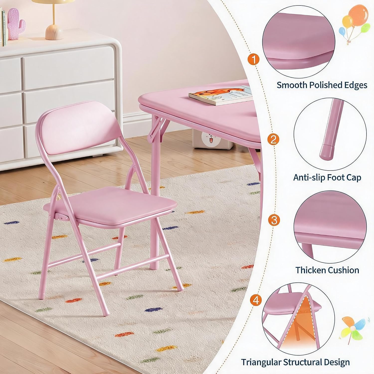 Ensemble table et chaises pliantes pour enfants 5 pièces, coloris rose – vue 1