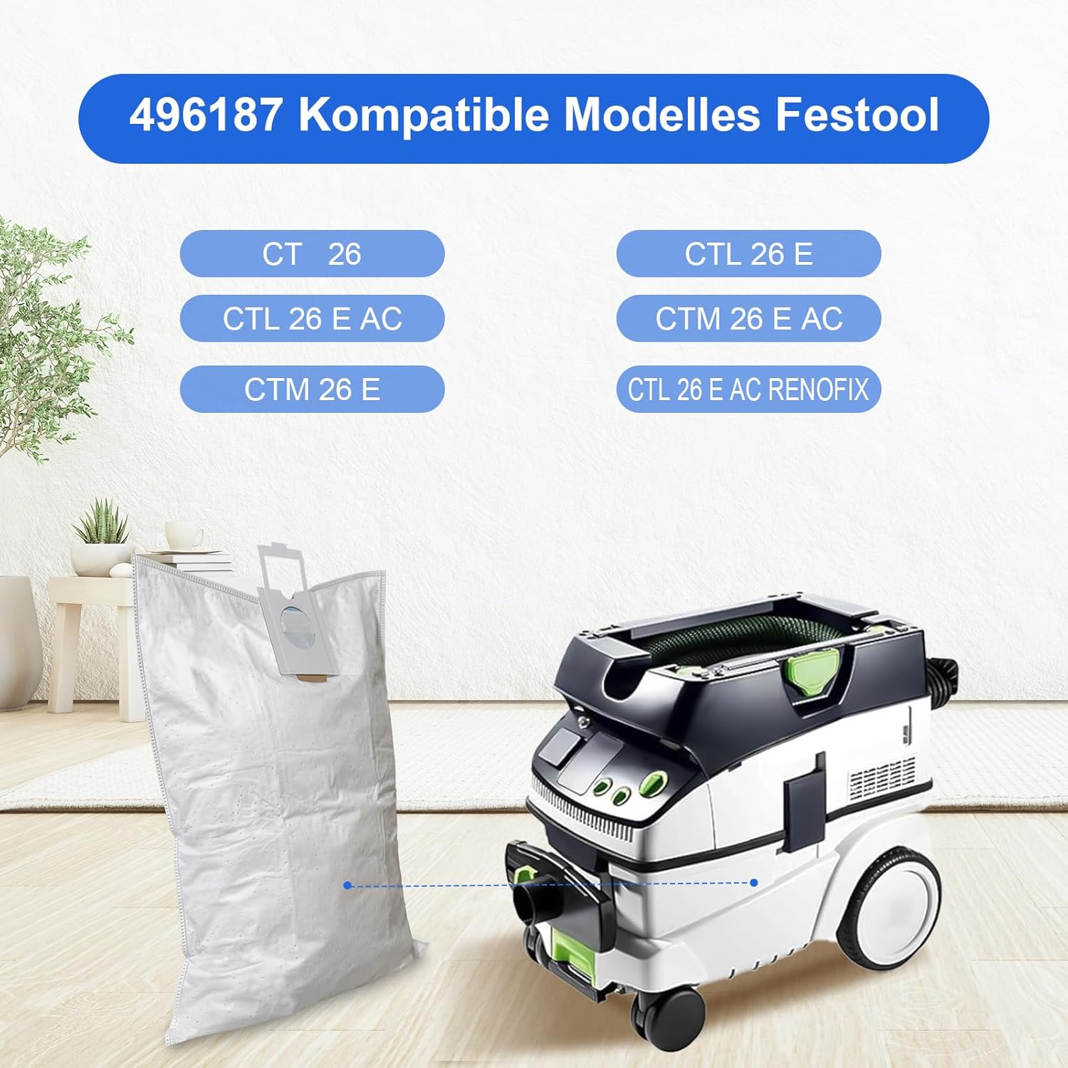 Lot De 8 Sacs Aspirateur Pour Festool CLEANTEC CT 36 / CTM 36 E / CTL 36 E - Référence 496186 - Grande Capacité