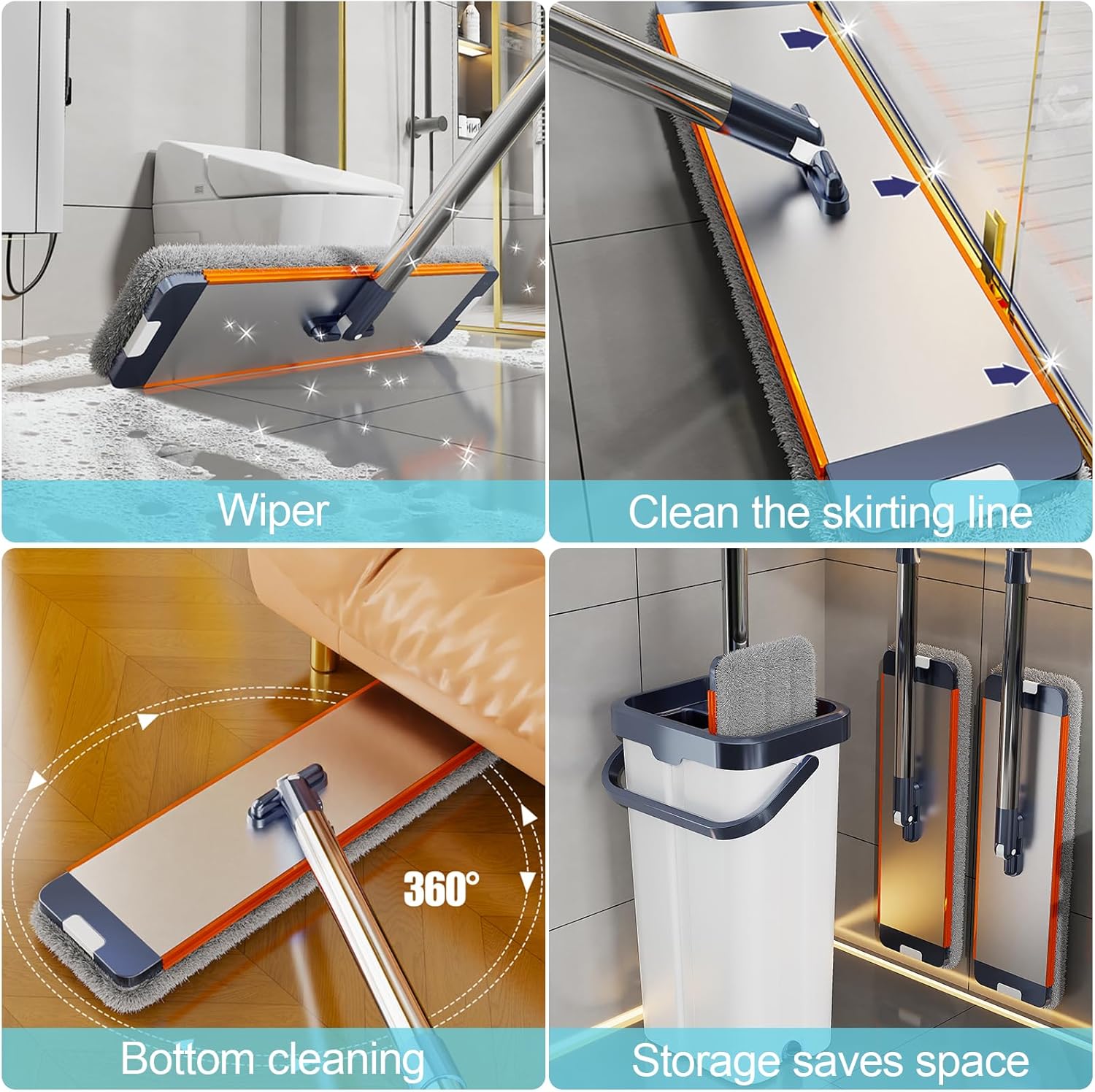 BOSHENG Ensemble de nettoyage avec serpillère et seau - Serpillère plate avec tampons en microfibre lavables, manche en acier inoxydable réglable, pour nettoyage de sol humide ou sec, facile à presser BOSHENG Ensemble de nettoyage avec serpillère et seau - Serpillère plate avec tampons en microfibre lavables, manche en acier inoxydable réglable, pour nettoyage de sol humide ou sec, facile à presser