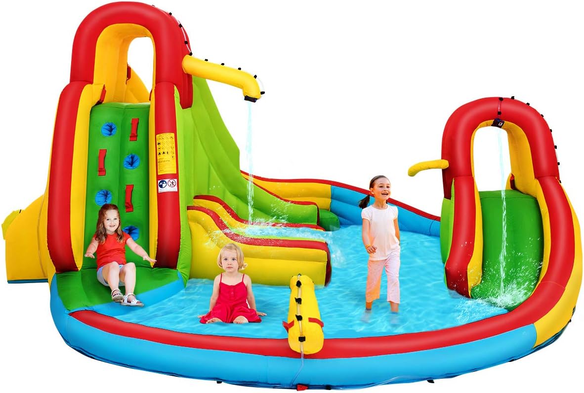COSTWAY Toboggan Aquatique Gonflable Avec Gonfleur 680W Piscine à Eclaboussures,Mur D'Escalade Double Canon à Eau Zone De Football -Pas Cher Clair Jardin Magasin
