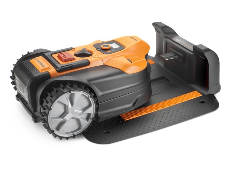 Rasaerba robotizzato arancione e nero o attrezzo da giardino automatico con ruote e custodia protettiva.