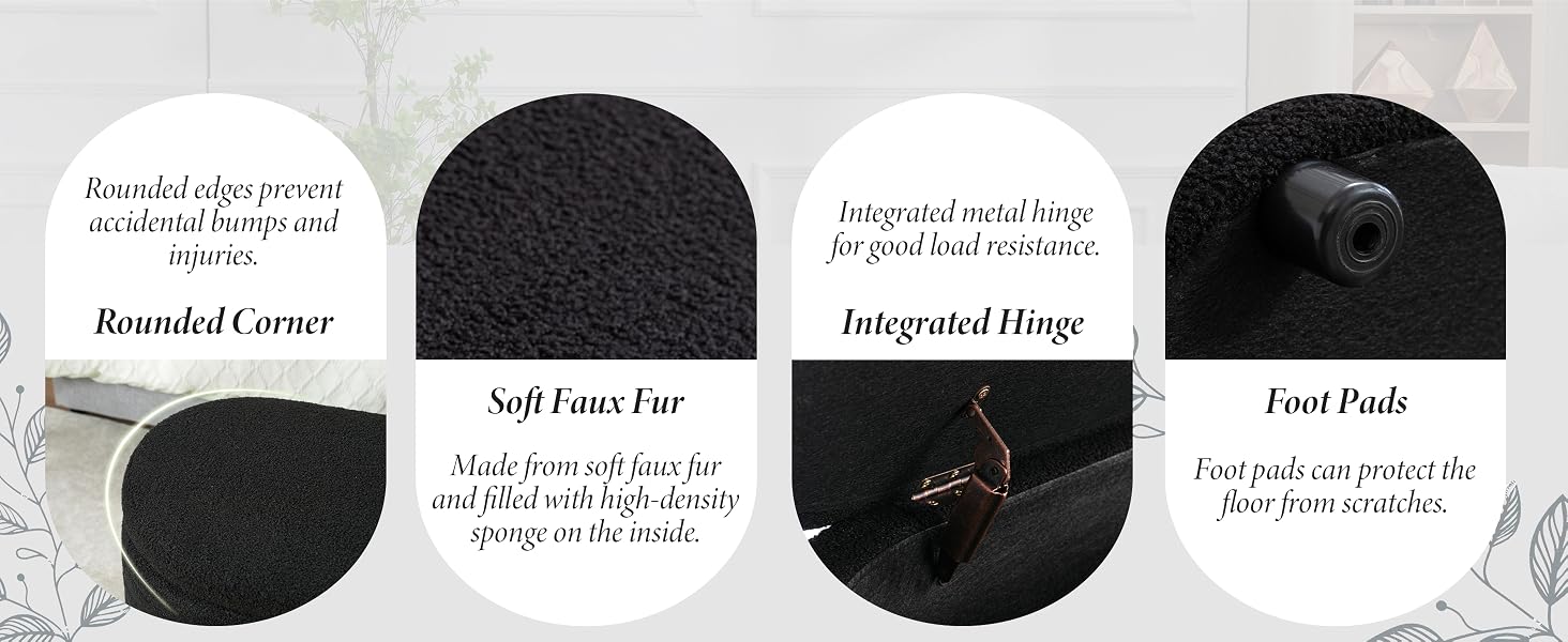 Four circular product detail diagrams showing different features including rounded corners, integrated hinge, and soft grip material in black.