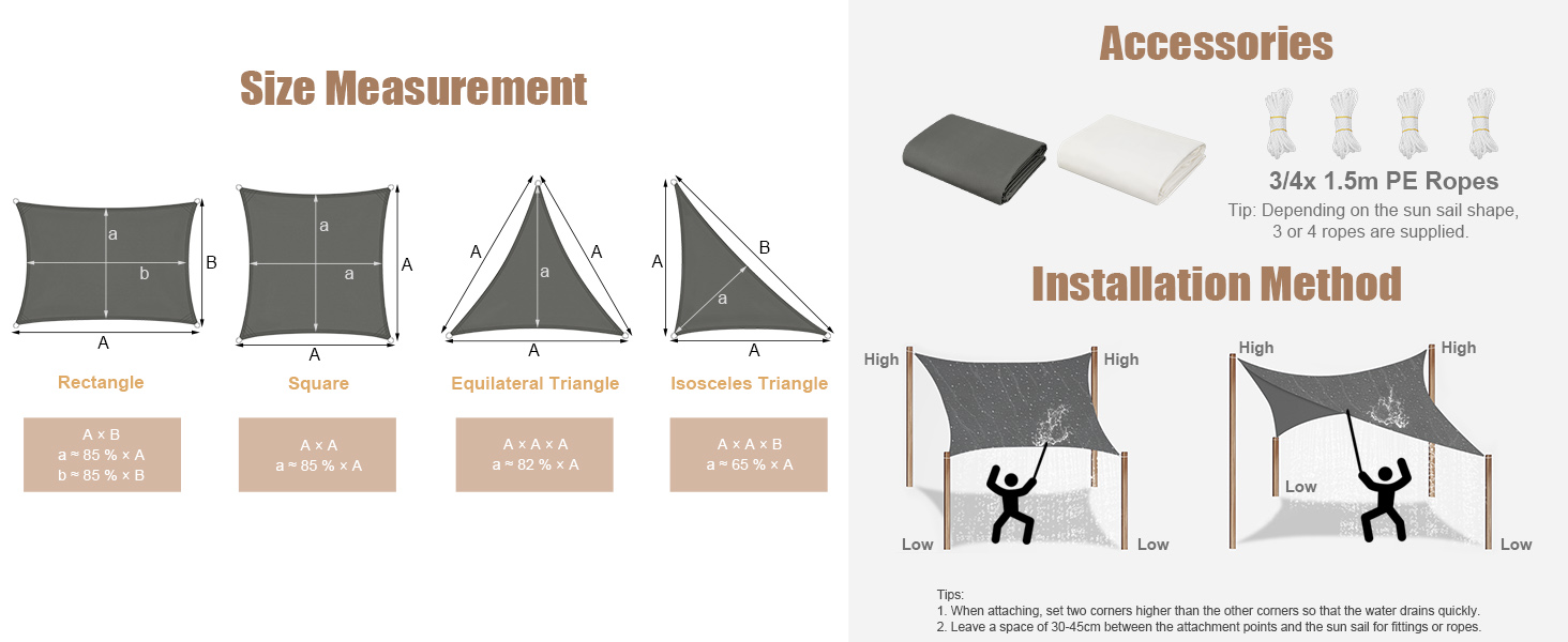 Size measurement chart and installation guide for sun shade sails. Includes dimensions for various shapes and illustrates mounting methods with accessories.
