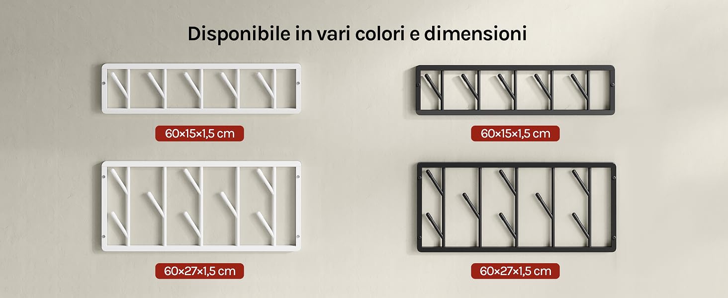 Il testo dice 'Disponibile in vari colori e dimensioni'. Quattro diagrammi di configurazione del prodotto che mostrano diverse varianti di colore e dimensione con dettagli sottolineati in rosso.