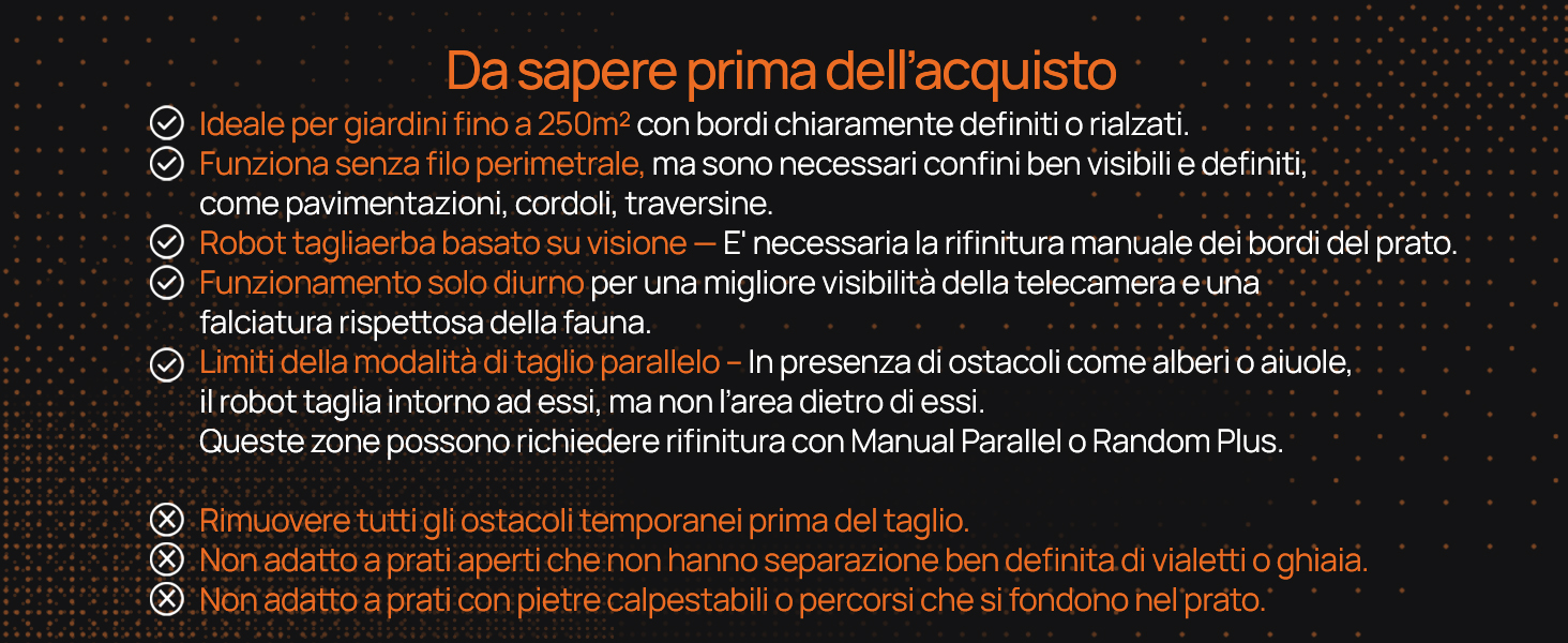 Il testo recita «Da sapere prima dell'acquisto» seguito da informazioni e specifiche del prodotto in italiano in formato elenco puntato con segni di spunta e dettagli tecnici sulle caratteristiche e la cura del prodotto.
