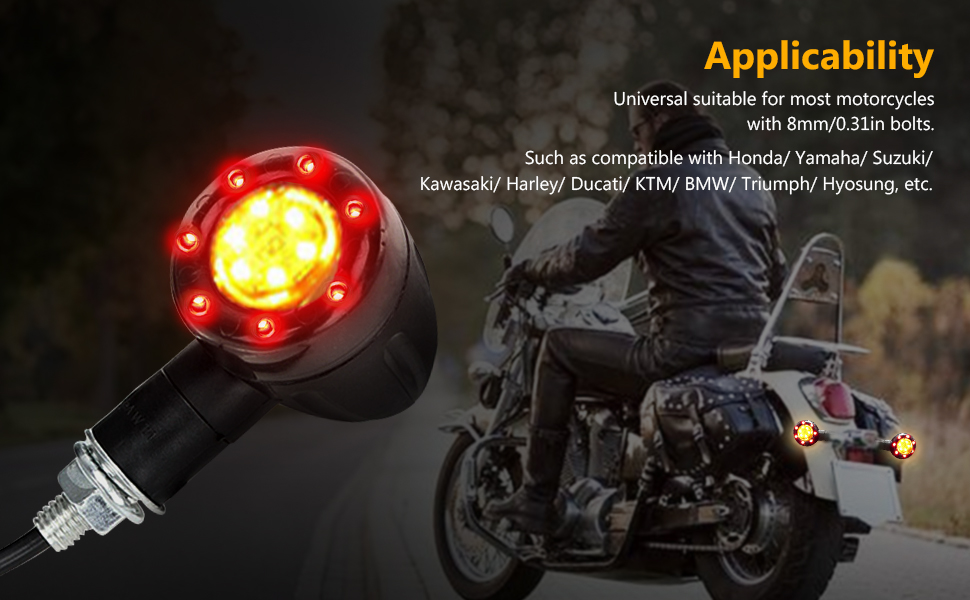 Motorcycle turn signal light with red and amber LEDs. Product image shows illuminated light on handlebar, with compatibility information for various motorcycle brands.