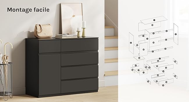 Le texte indique « Montage facile ». Commode ou meuble en bois foncé illustré avec les instructions de montage ou le schéma à droite.