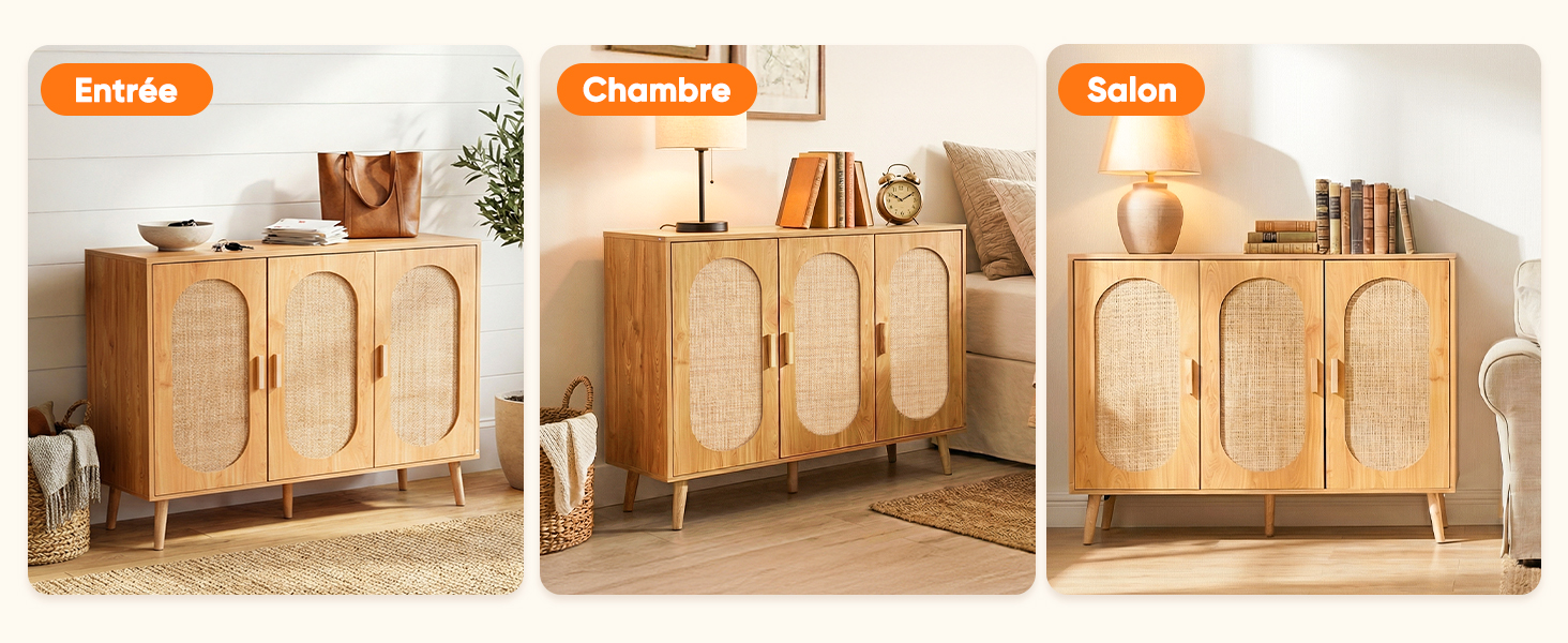 Le texte se lit comme suit : « Simple », « Dynamique », « Solide ». Série d'images montrant des meubles en bois ou des meubles de rangement dans différents espaces.