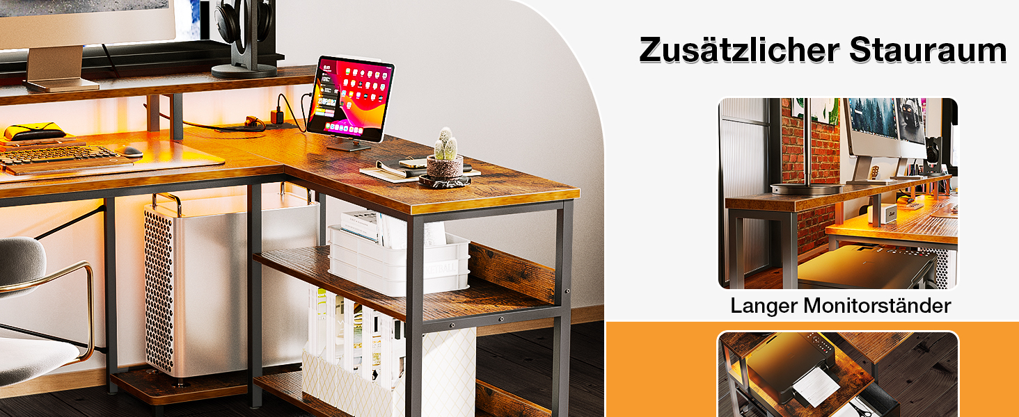 L-förmiger Schreibtisch mit Holzplatte und Metallrahmen, darunter mit Regalen. Beinhaltet ein Computer-Setup mit Monitor, Tastatur und Maus. Zusätzlicher Speicherplatz sichtbar.