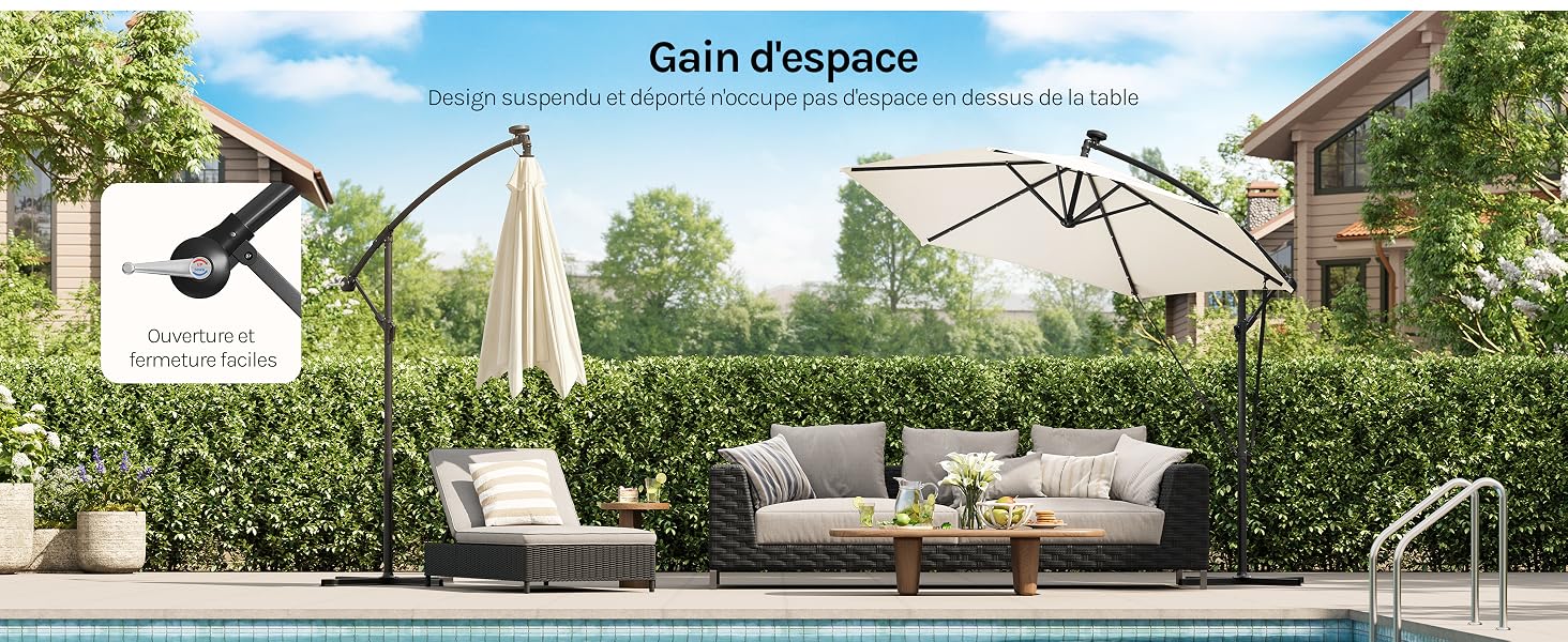 Le texte se lit comme suit : « Gain d'espace ». Visualisation architecturale montrant un espace de vie extérieur avec une pergola contemporaine et des sièges dans un jardin.