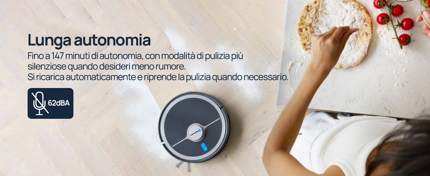 Il testo recita «Lunga autonomia» con il cestello della lavatrice visibile e le mani che tengono il tessuto bianco, che mostra le caratteristiche del prodotto per la cura del bucato.