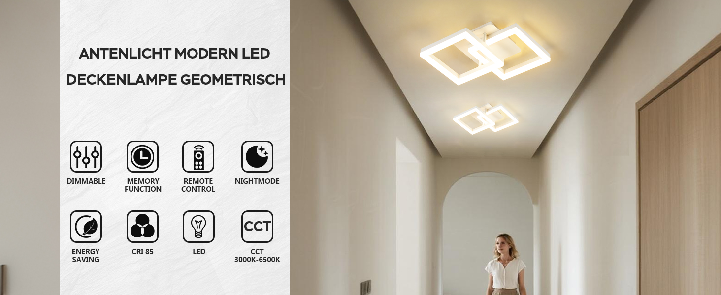 Der Text lautet „ANTIFACILMONTABILI DECORAELARE GEOMETRICI“. Moderner Innenraum mit geometrischer LED-Deckenleuchte im weißen Raum.