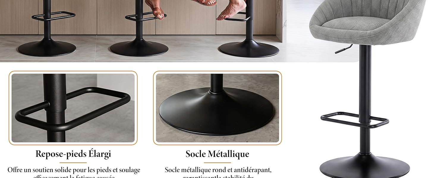 Tabourets et tables de bar sur piédestal noirs présentés dans de multiples configurations. Les images montrent des tabourets à base réglable avec repose-pieds, des bases rondes noires et différentes options de guéridon de hauteur.