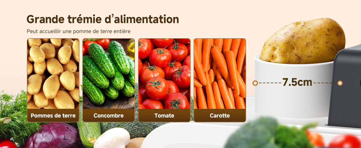 Le texte se lit comme suit : « Grande trémie d'alimentation ». Gamme de légumes et d'ingrédients frais, y compris des pommes de terre, des carottes, des tomates et des noix, présentés en sections avec un indicateur de mesure indiquant « 7,5 cm ».