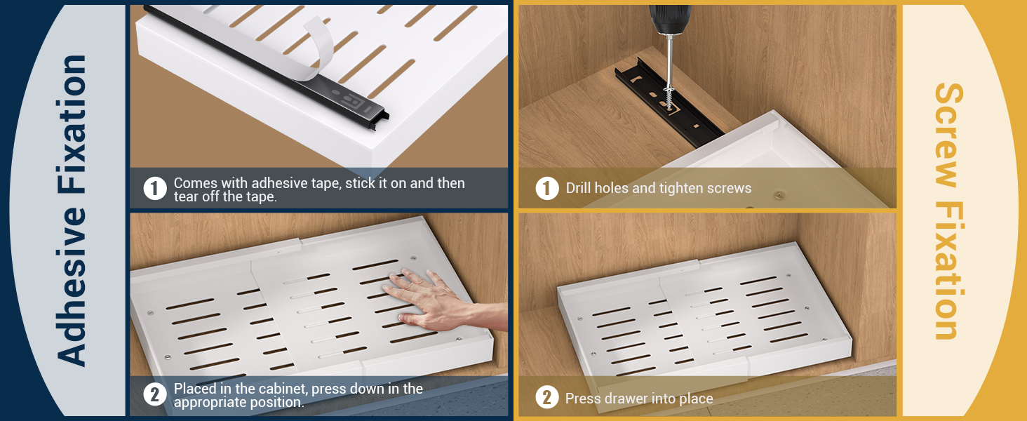 Adhesive drawer organizer installation guide. Four-step process shown: measuring, marking holes, drilling, and attaching organizer to drawer bottom.