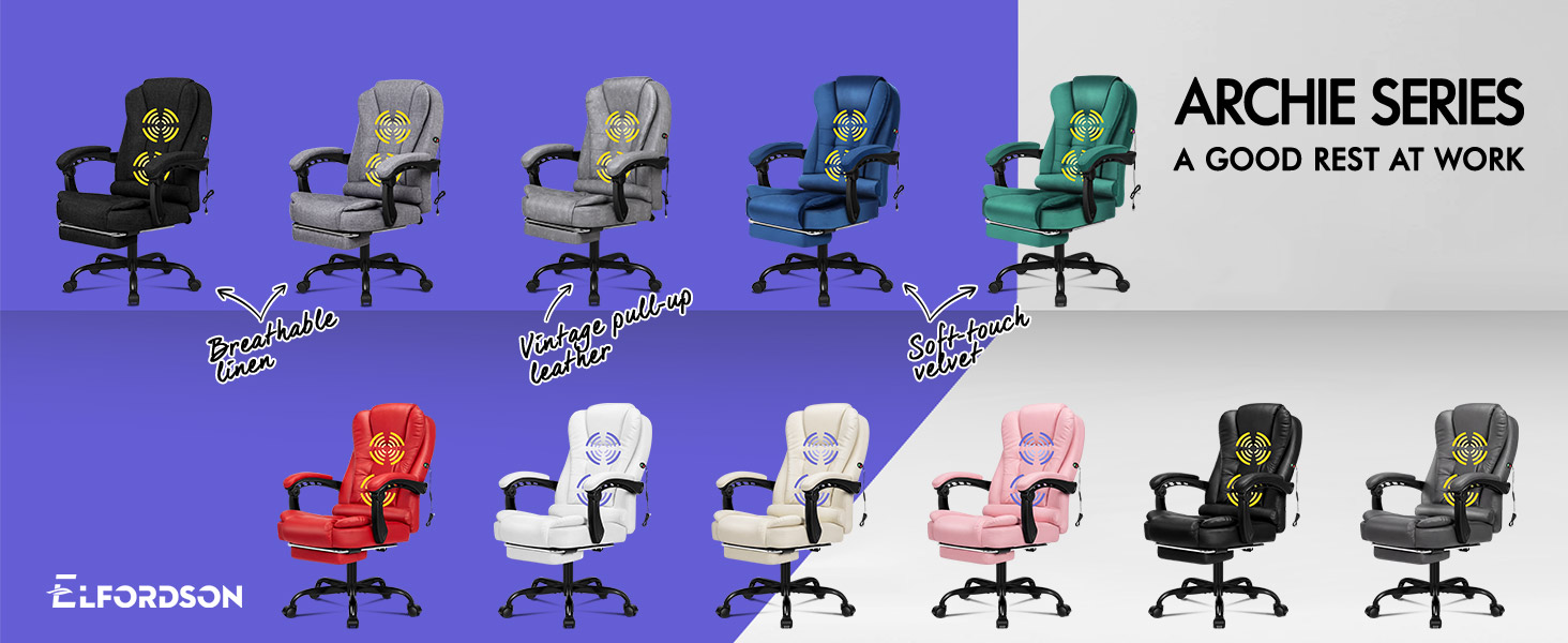 Text reads "ARCHIE SERIES A GOOD REST AT WORK" and "EUROBON". Product lineup showing office chairs in various colors and styles displayed against purple background with different chair model variations.