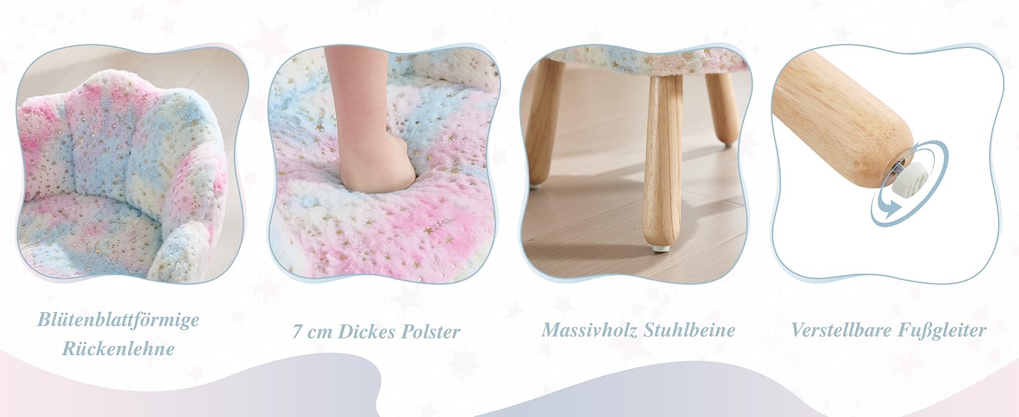 Reihe von Produktdemonstrationsbildern, die farbenfrohe, abgerundete gepolsterte Artikel in verschiedenen Positionen und Konfigurationen zeigen.